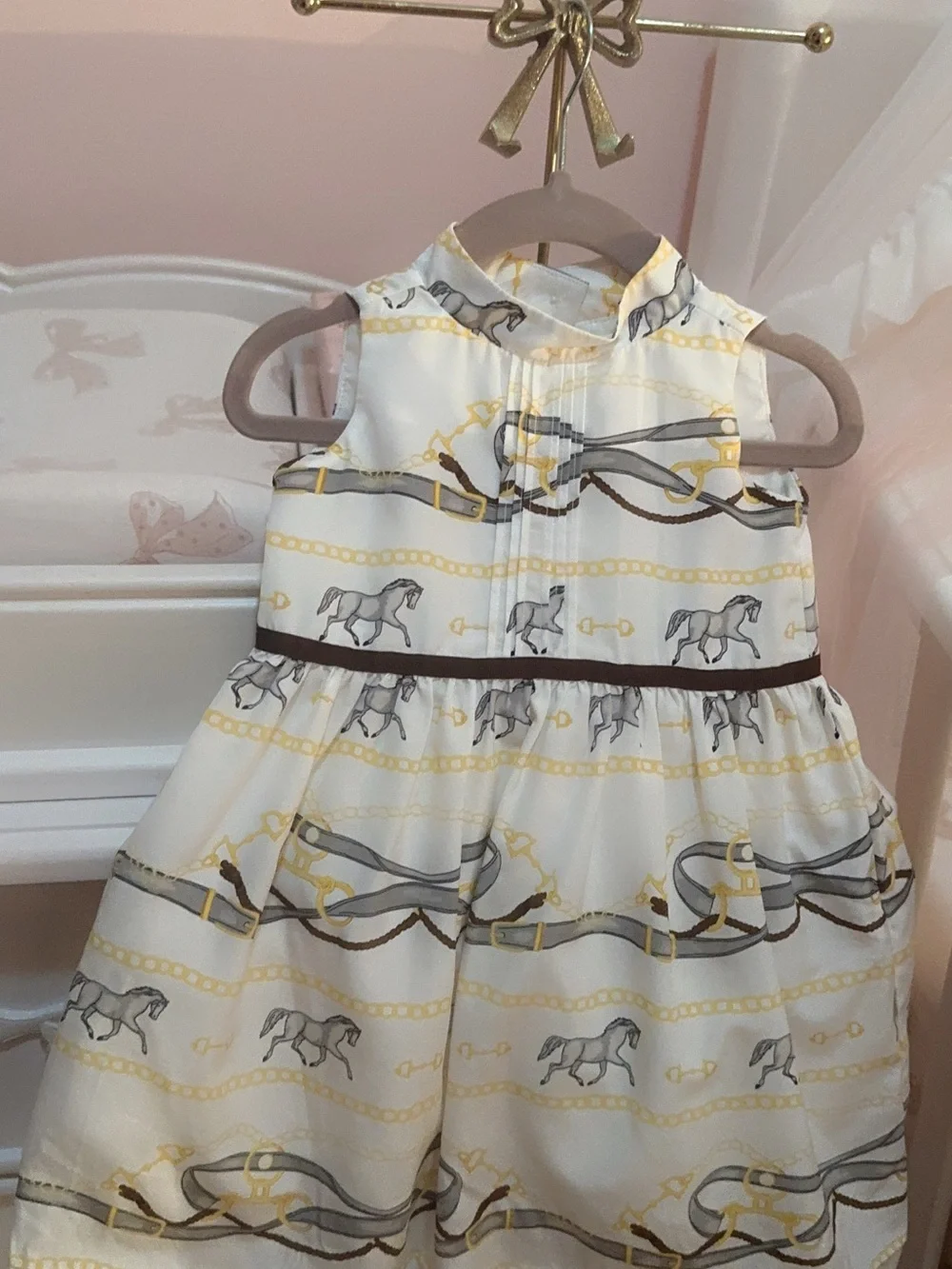 Janie and Jack Cream Dress with Brown and Gold Equestrian Print